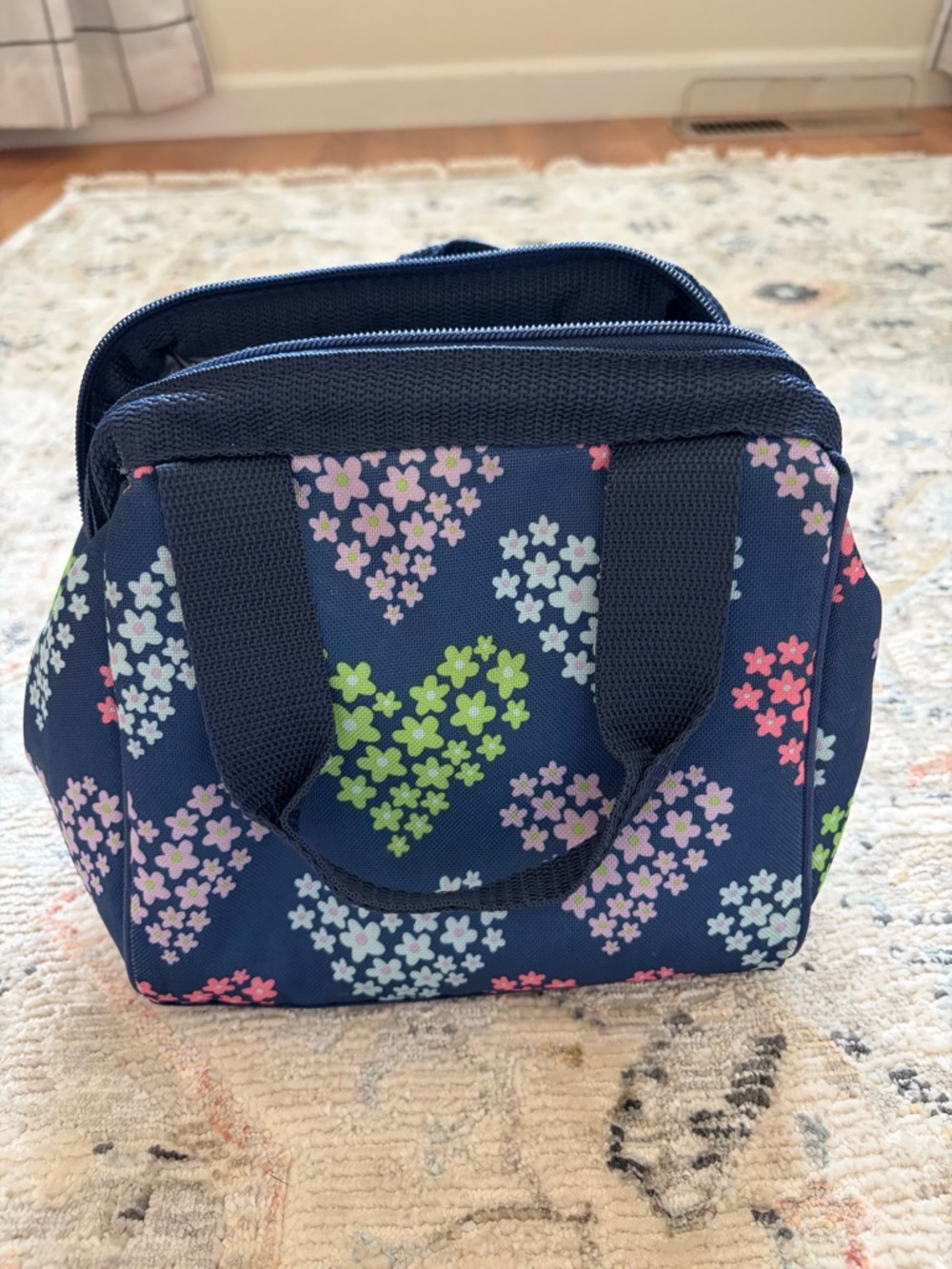 Navy Kids Floral Heart Cosmetic Case with Dual Handles